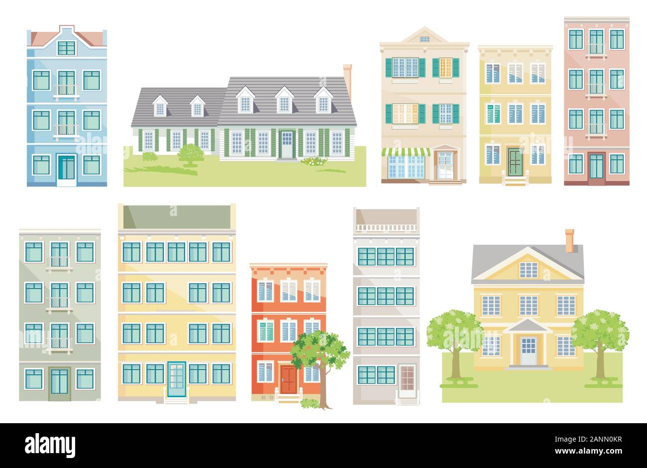 a group of different houses, vector, cut out - neutral background, Stock Vector