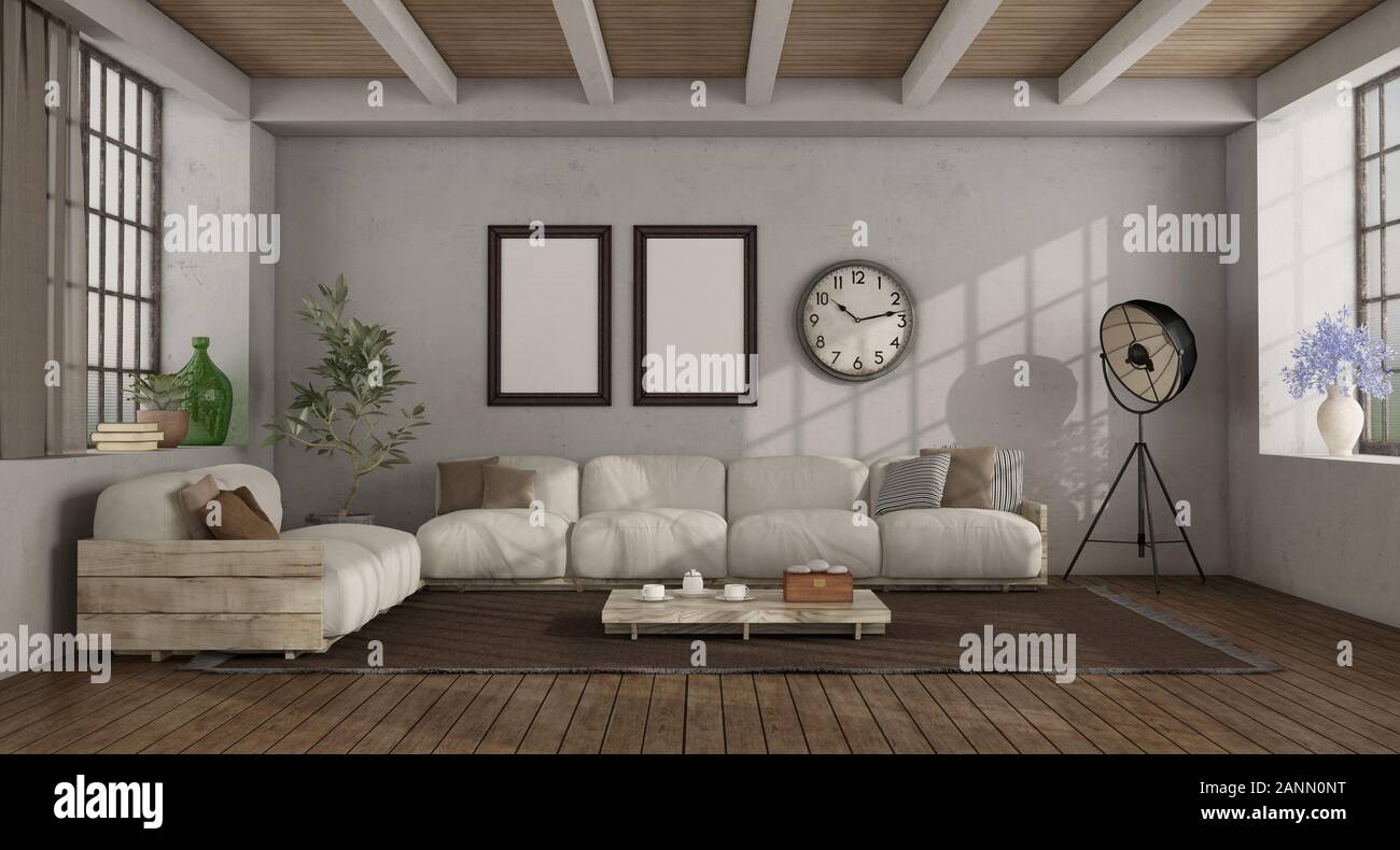 White living room in a loft with wooden sofa - 3d rendering Stock Photo