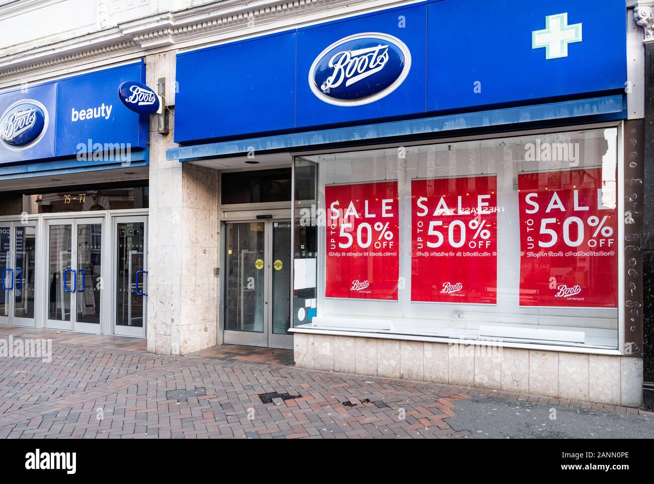 Boots Winter 2019 / 2020 Sale, Eastbourne , Sussex. England Stock Photo