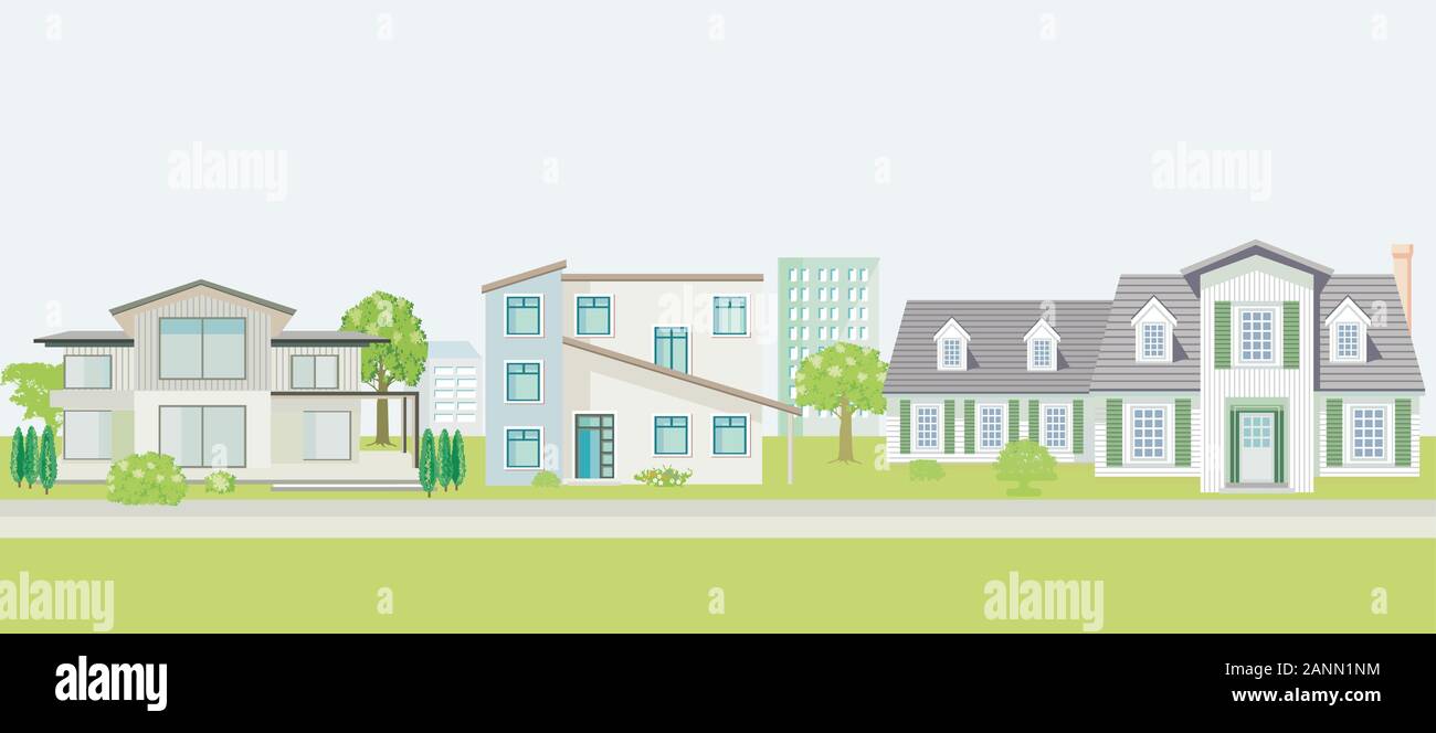 Row of different family houses. House, home Stock Vector