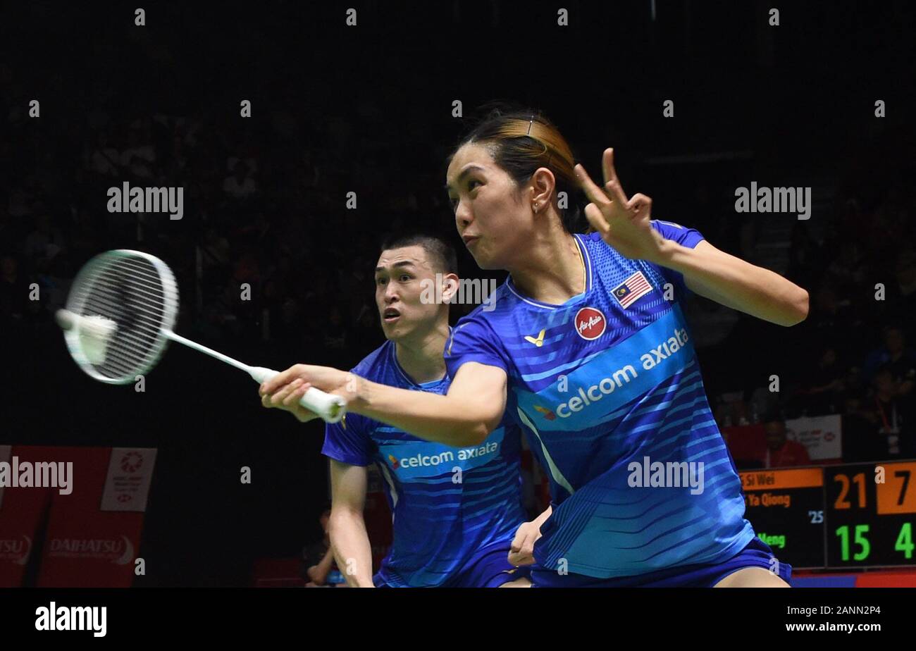 Jakarta, Indonesia. 18th Jan, 2020. Tan Kian Meng (L)/Lai Peijing of  Malaysia compete during the mixed doubles semifinal match between Zheng  Siwei/Huang Yaqiong of China and Tan Kian Meng/Lai Peijing of Malaysia