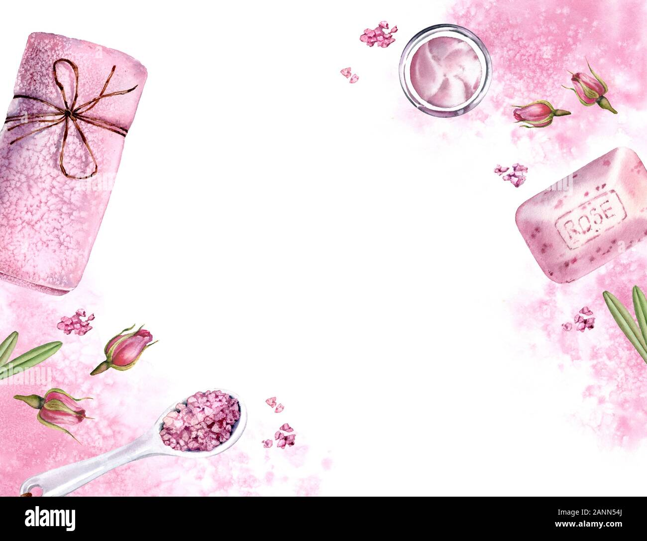 Watercolor Banner With Skin Care Accessories And Place For Text Rose Scented Spa And Cosmetic Products Isolated With Pink Background Realistic Stock Photo Alamy