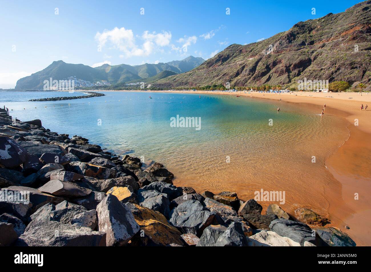 Playa de Las Teresitas is the most beautiful beach on the Canary island Tenerife. The white sand was shipped from the Sahara desert. Stock Photo