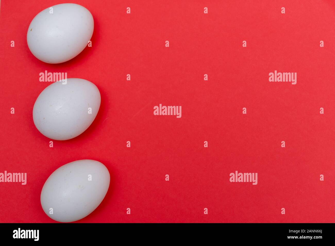 Three Easter holiday flat lay with white egg on a solid bright red vibrant background with copy space on right. Stock Photo