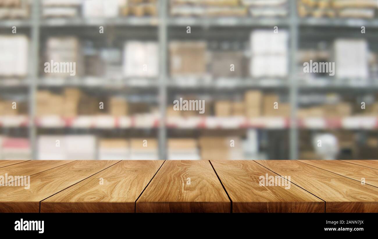 Download Wood Table In Warehouse Storage Blur Background With Empty Copy Space On The Table For Product Display Mockup Hardware Goods Distribution And Industr Stock Photo Alamy