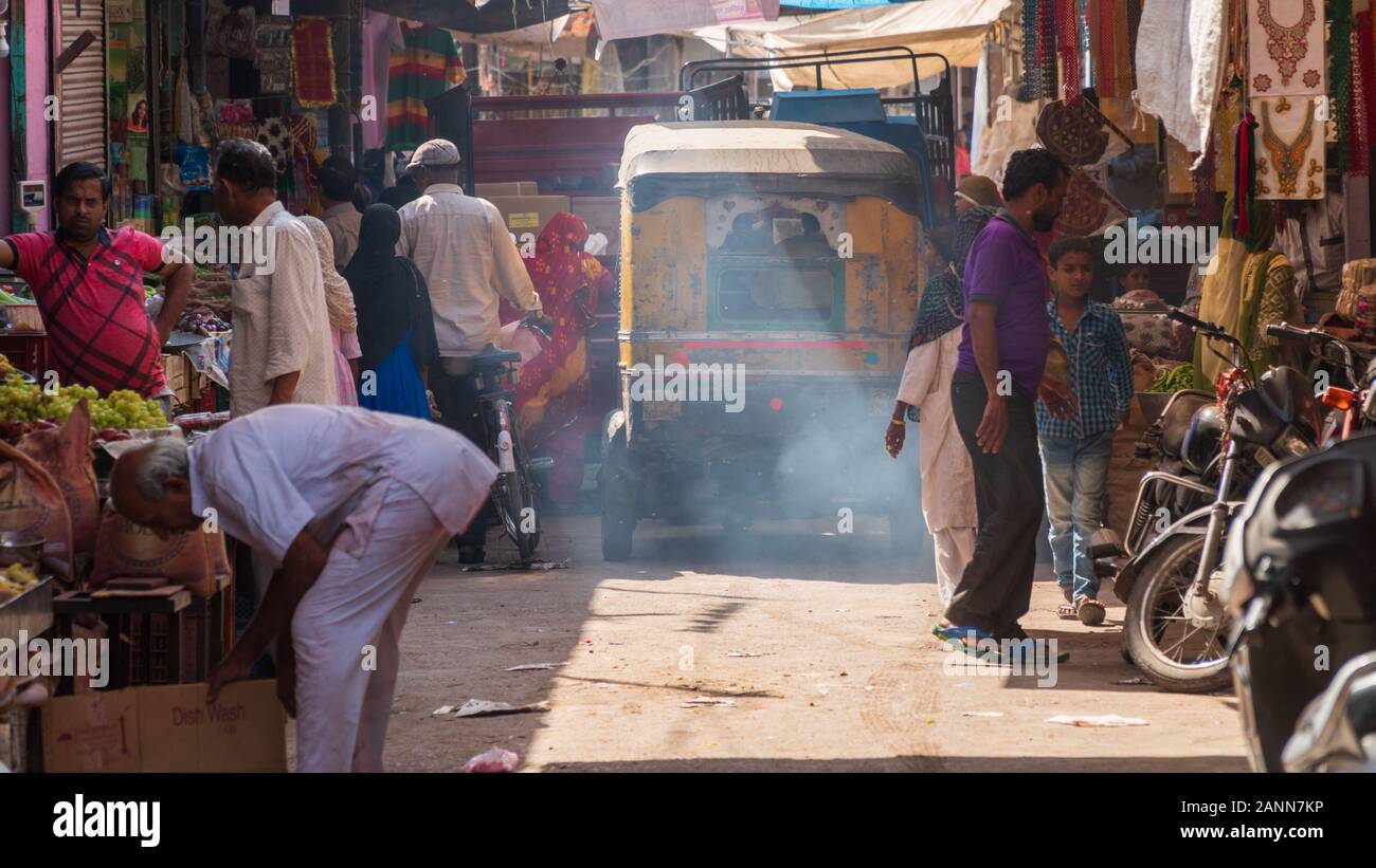 Fumes and Noise on a street in Jodhpur, India Stock Photo