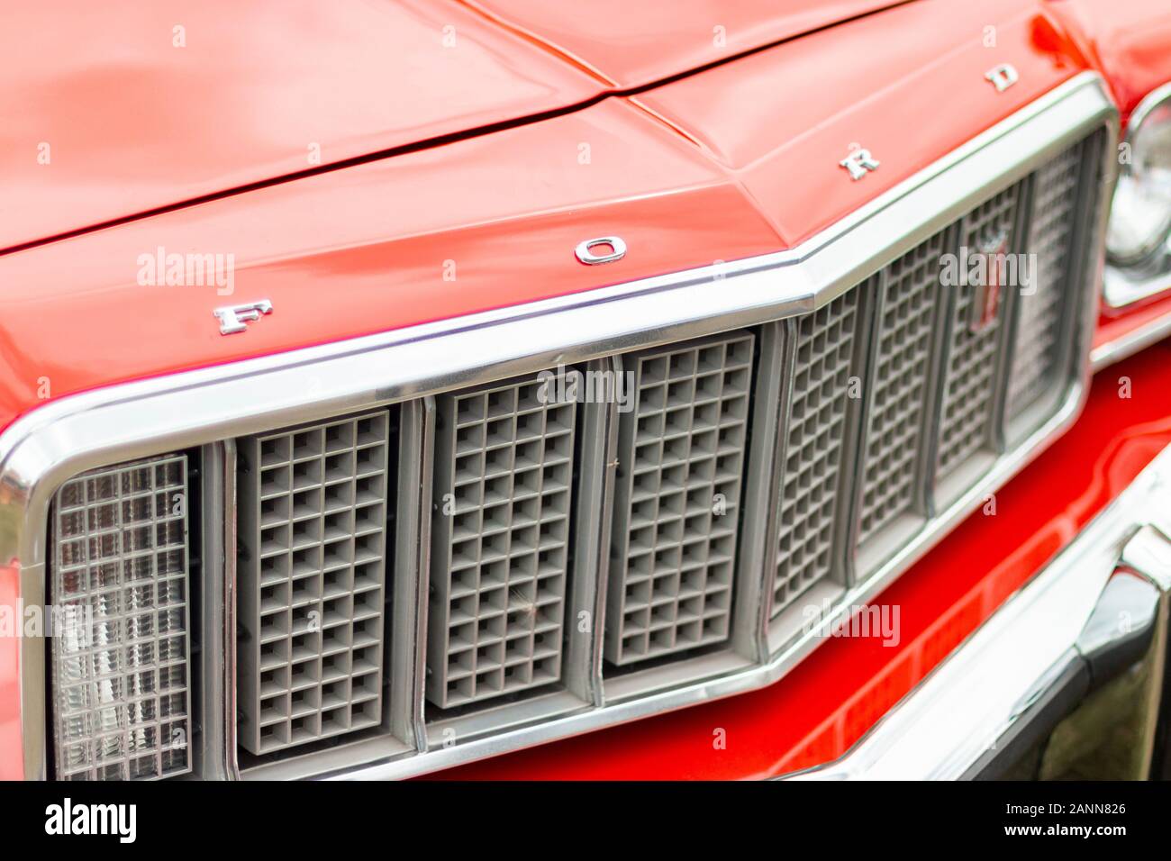 close up of grille of vintage Ford Torino American car as used in Starsky and Hutch Stock Photo