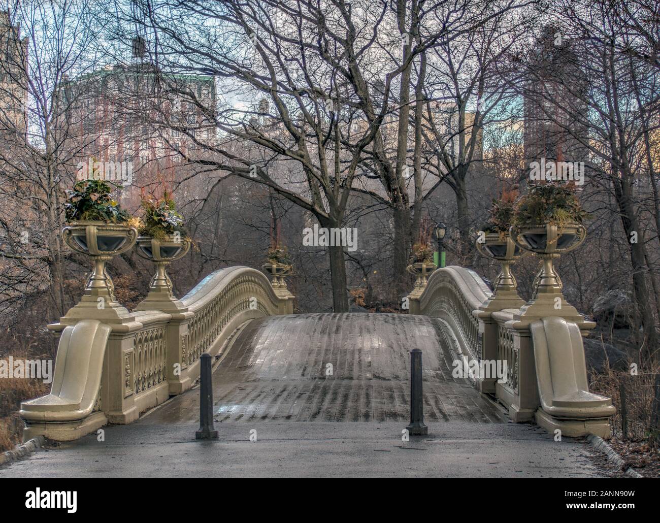 Bow bridge, Central Park, New York City in winter during rain Stock Photo
