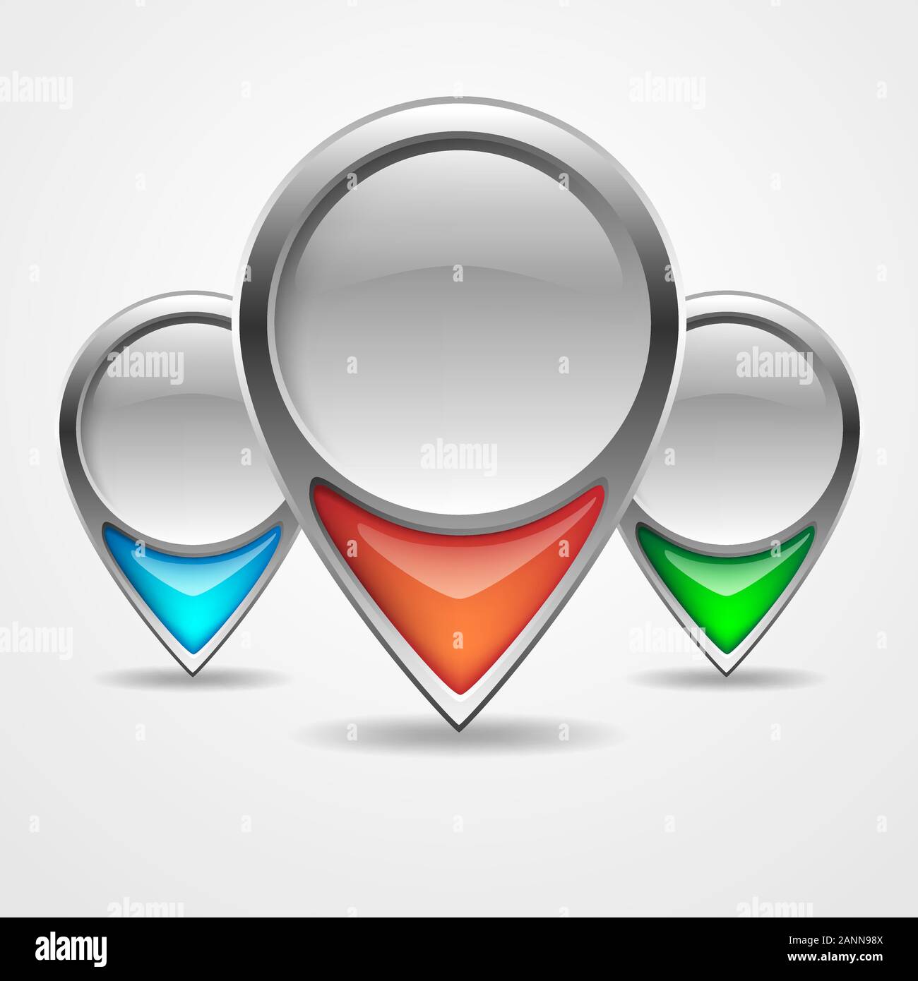 Illustration of three colored navigation markers with shadow. Set of