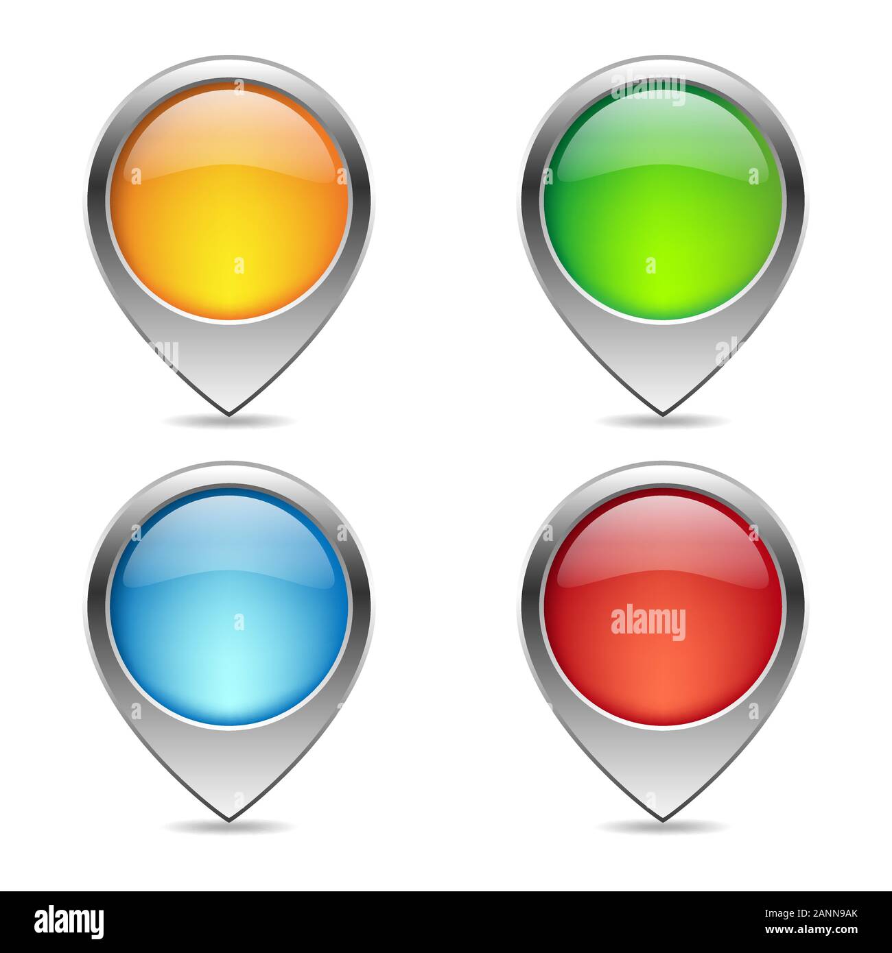 Illustration of four colored navigation markers with shadow. Set of map