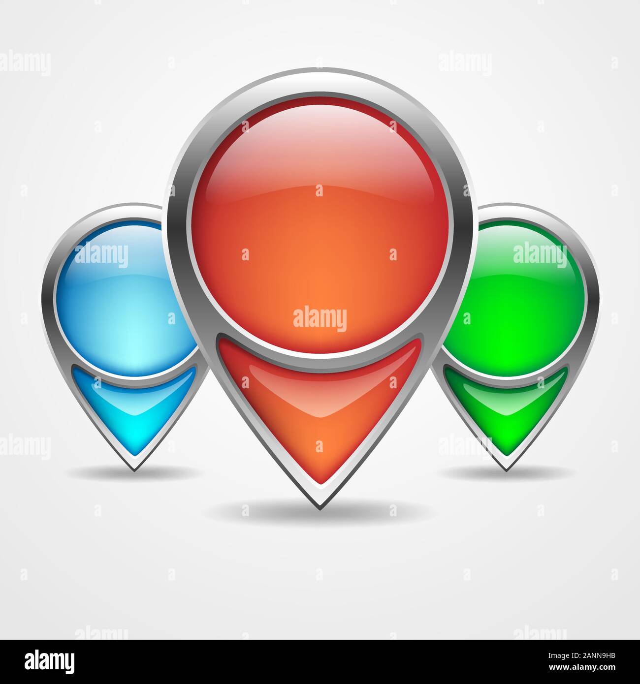 Illustration of three colored navigation markers with shadow. Set of