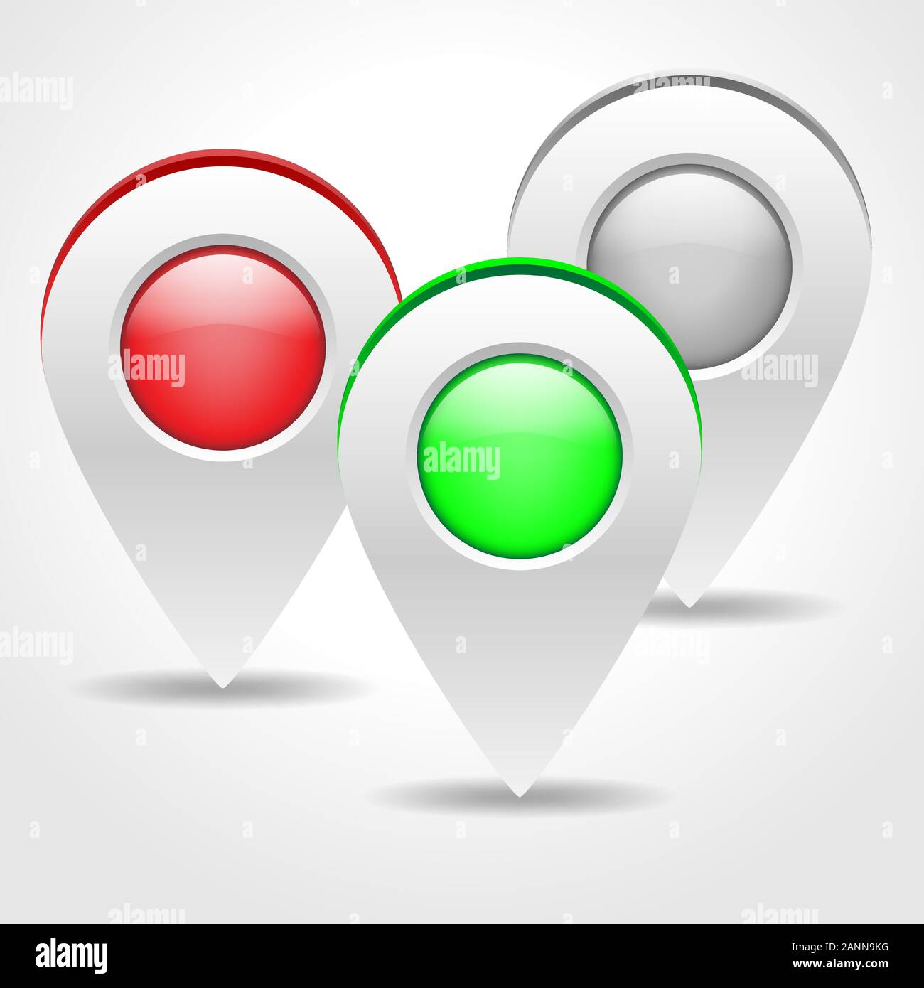 Illustration of three colored navigation markers with shadow. Set of