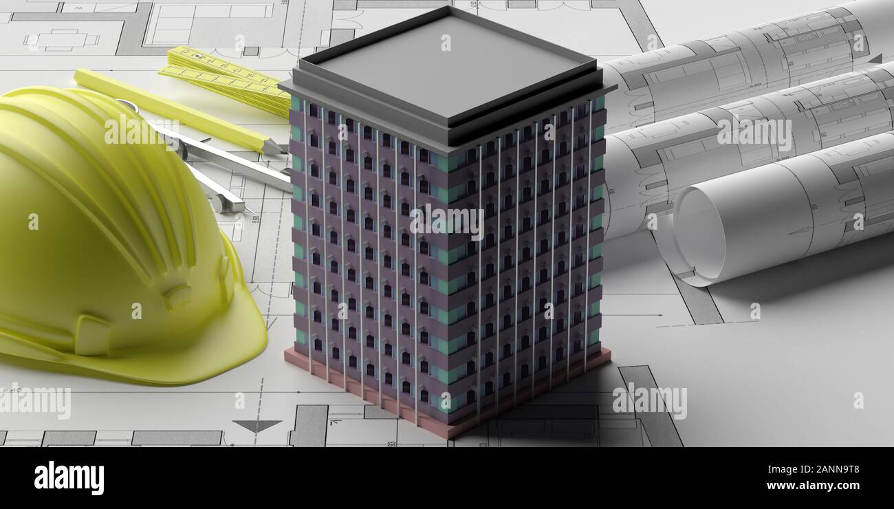 Highrise building model on blueprints background, engineer contractor ...
