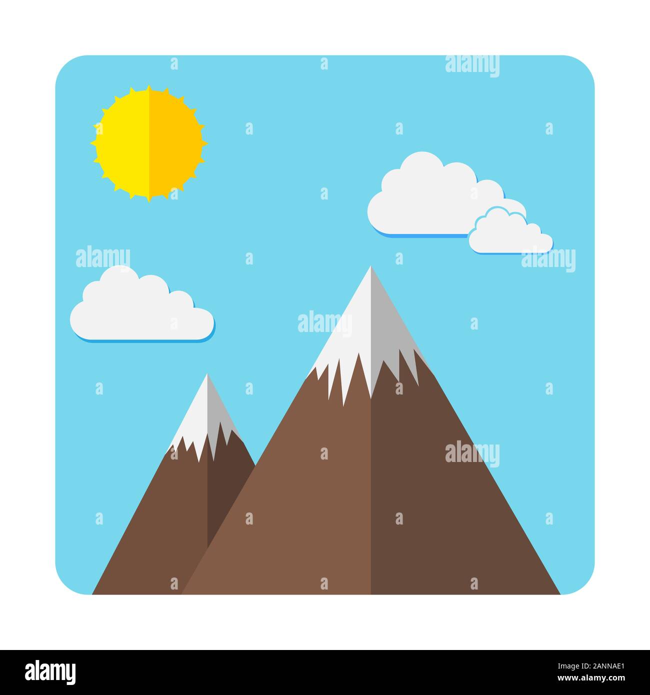 Mountains icon - vector illustration. Abstract image of the mountains, the sun and clouds in flat design. Mountains bright emblem. Stock Vector