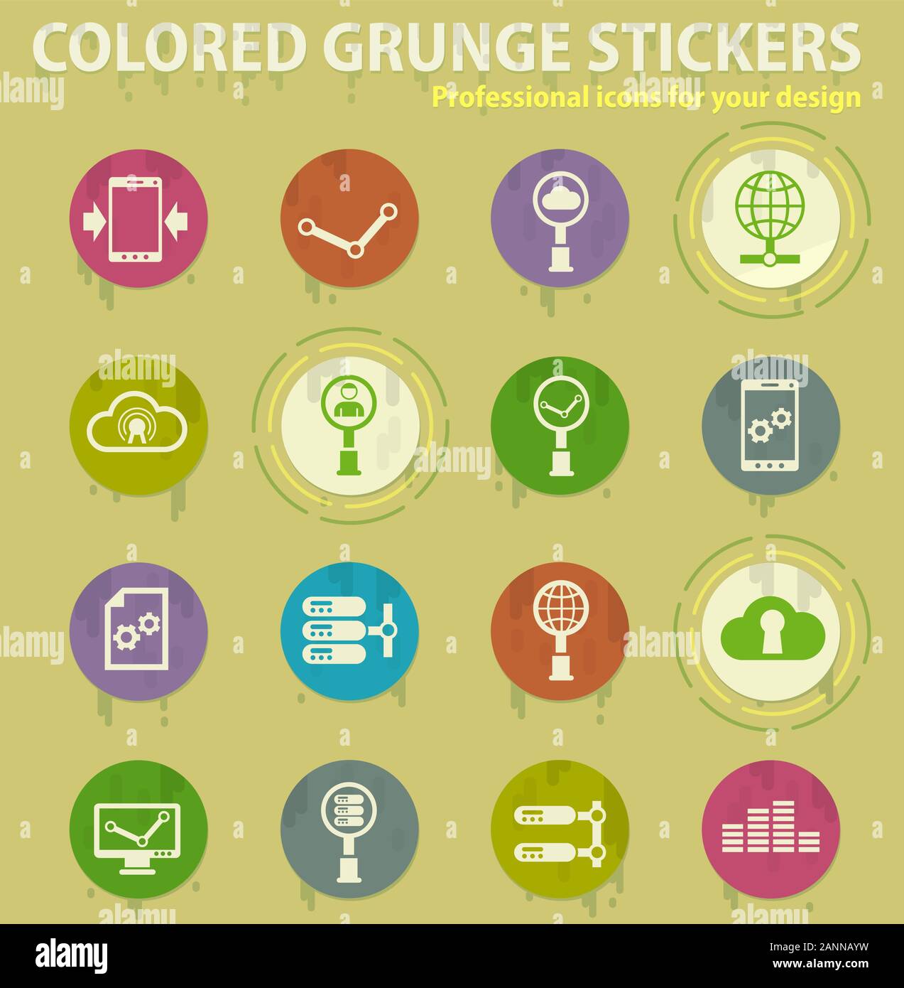 Data analytic colored grunge icons Stock Vector
