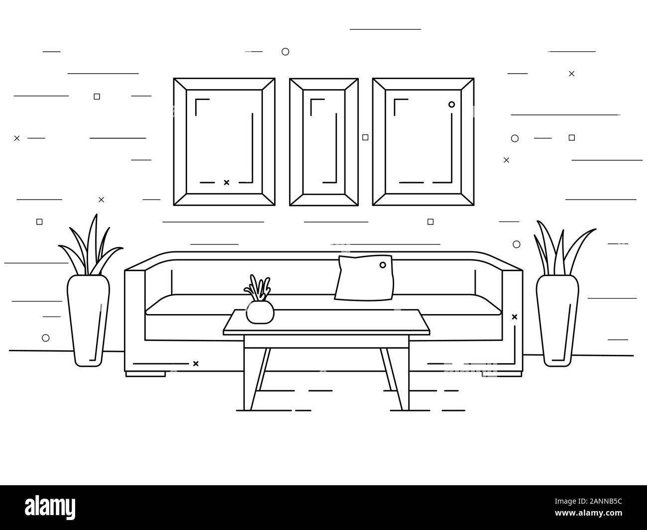 Linear interior. Sofa, table, plants. Vector illustration in a linear