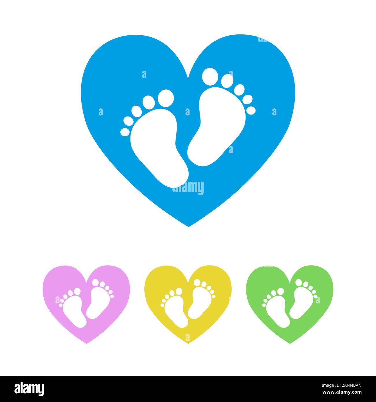 Set of the baby footprints - vector illustration. White footprints of baby inside of the heart. Presented in four color variants. Stock Vector