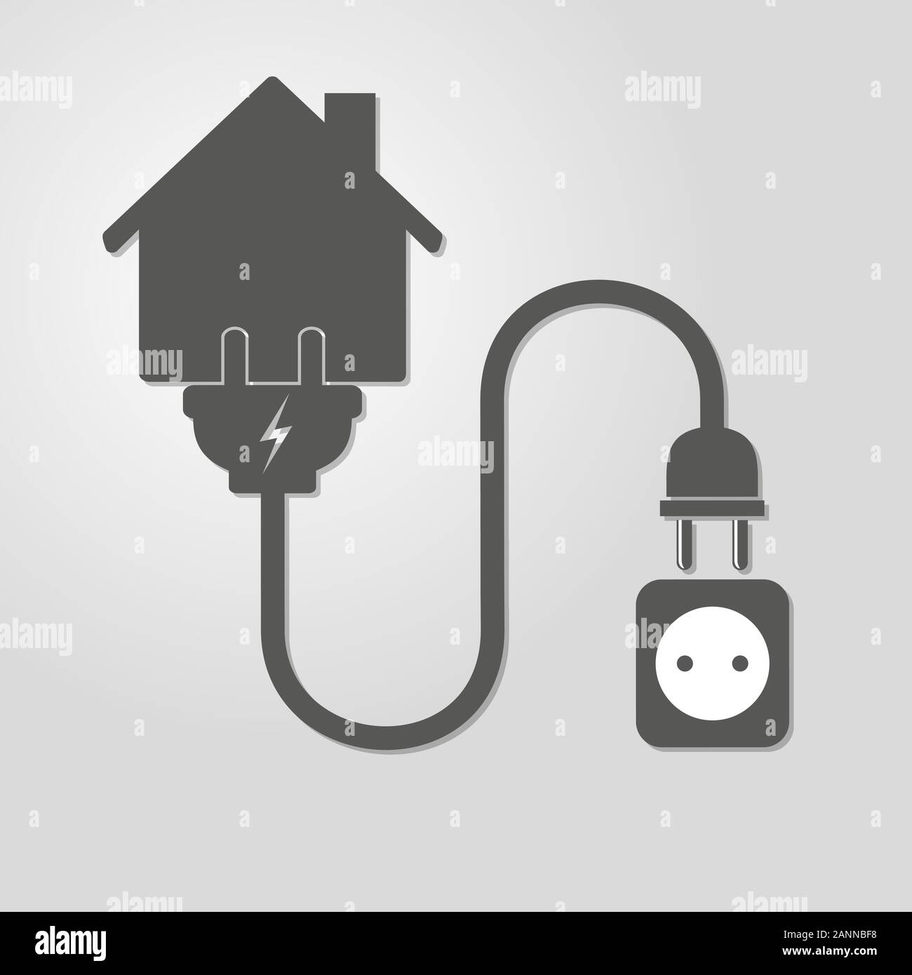 Silhouette of house with wire plug and socket - vector illustration. Simple icon with house, socket and wire plug on light background. Concept of conn Stock Vector