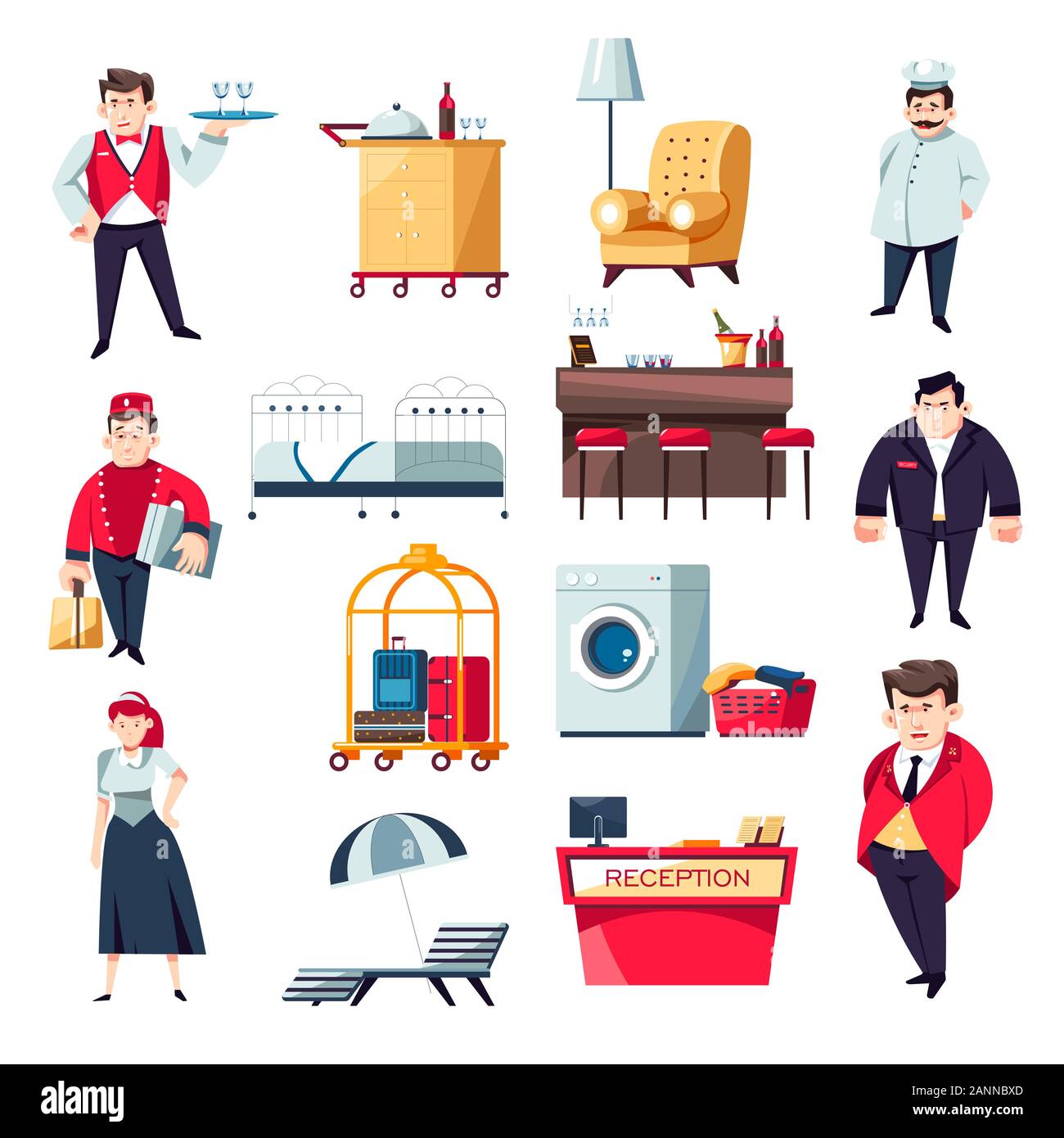 Hotel services concept and staff collection of icons Stock Vector