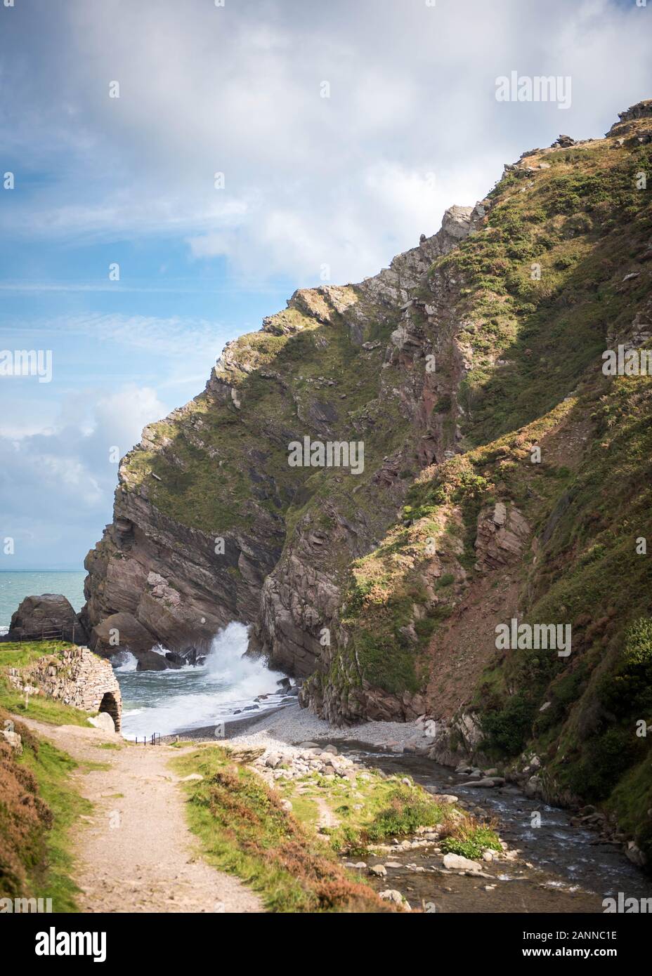 A view from the footpath leading down to Heddon's Mouth Beach in Exmoor, North Devon, England, UK Stock Photo