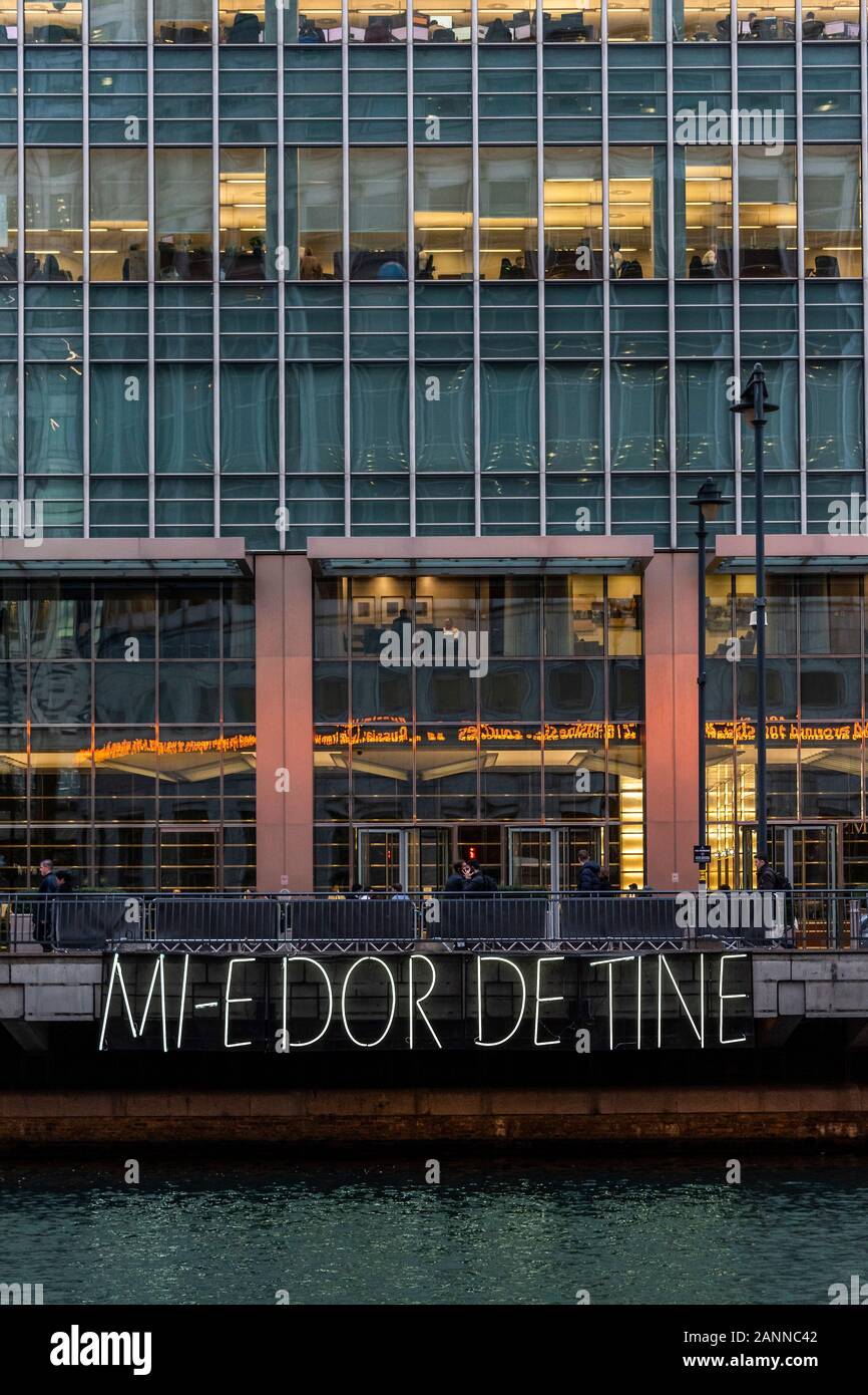 London, UK. 17th Jan, 2020. Mi-E Dor De Tine by Daisler Association -  Winter Lights returns for a sixth year to Canary Wharf with over 25  installations. It showcases light art and