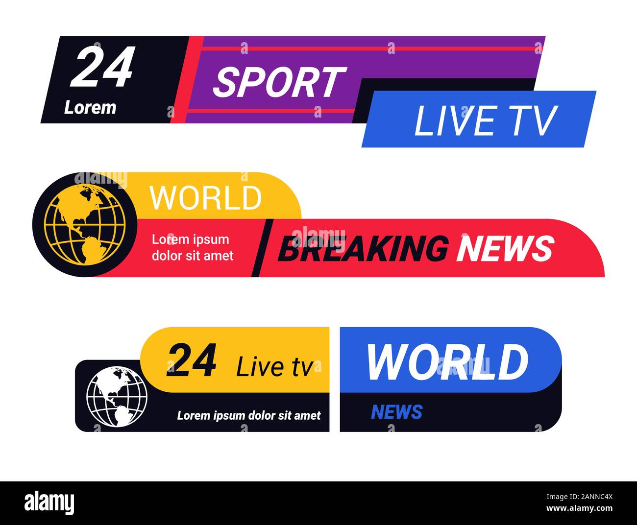 Breaking world news bars and TV live report headers set Stock Vector Image and Art