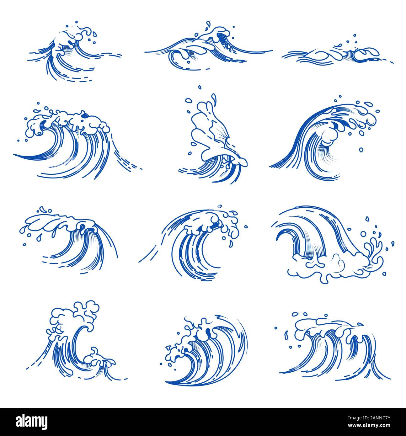 Waves isolated icons, sea or ocean storm, beach tide Stock Vector