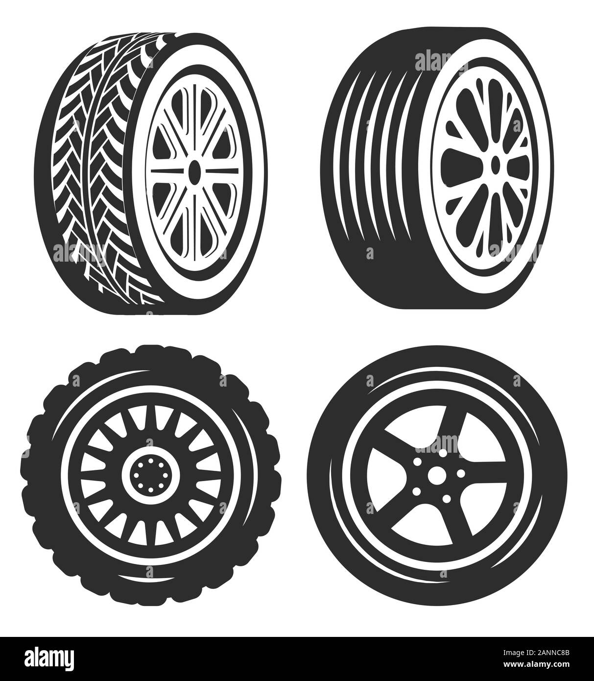 Car tire isolated icons, bike or automobile part Stock Vector