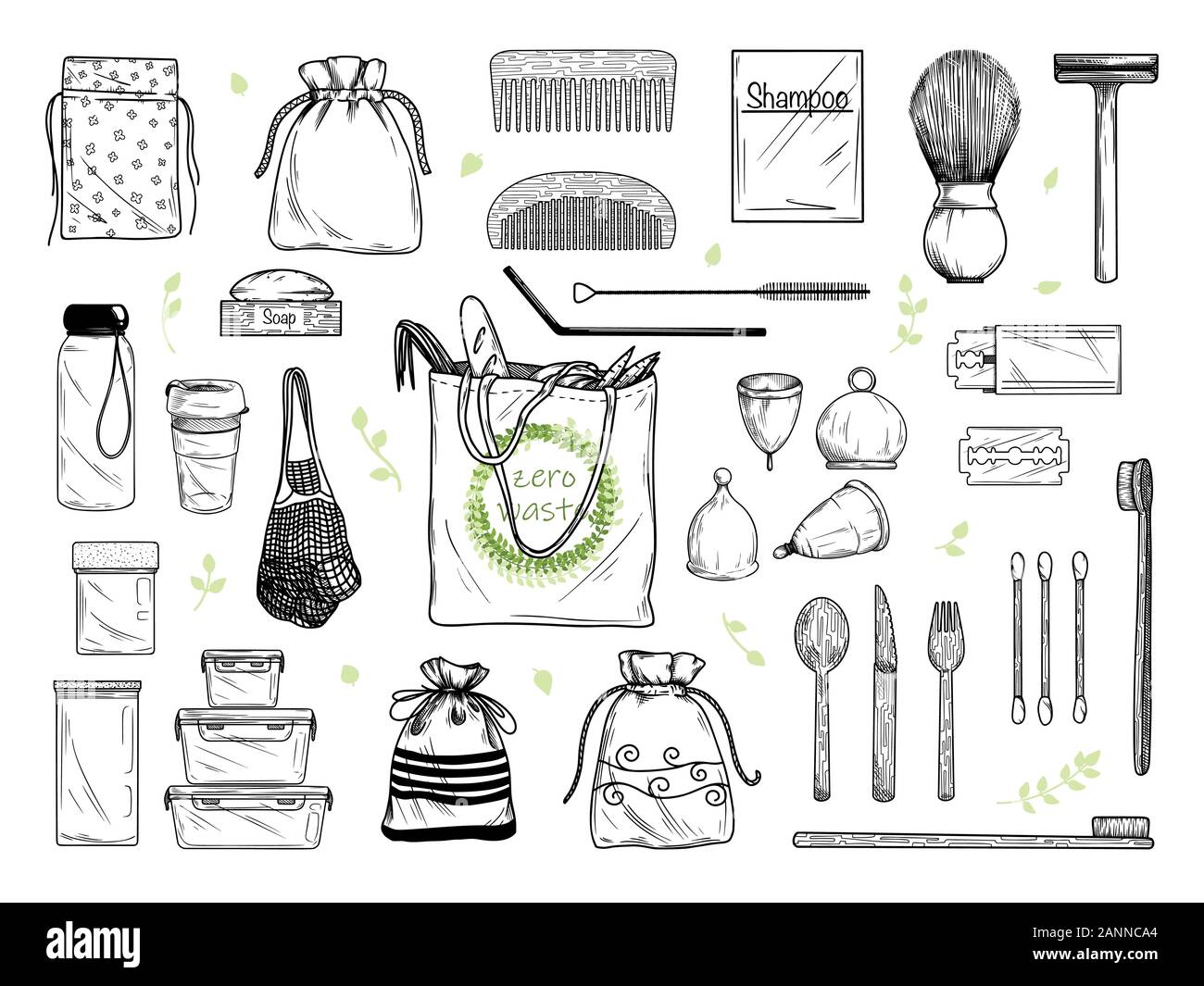 Large set of different environmental items. Zero waste. Vector illustration Stock Vector