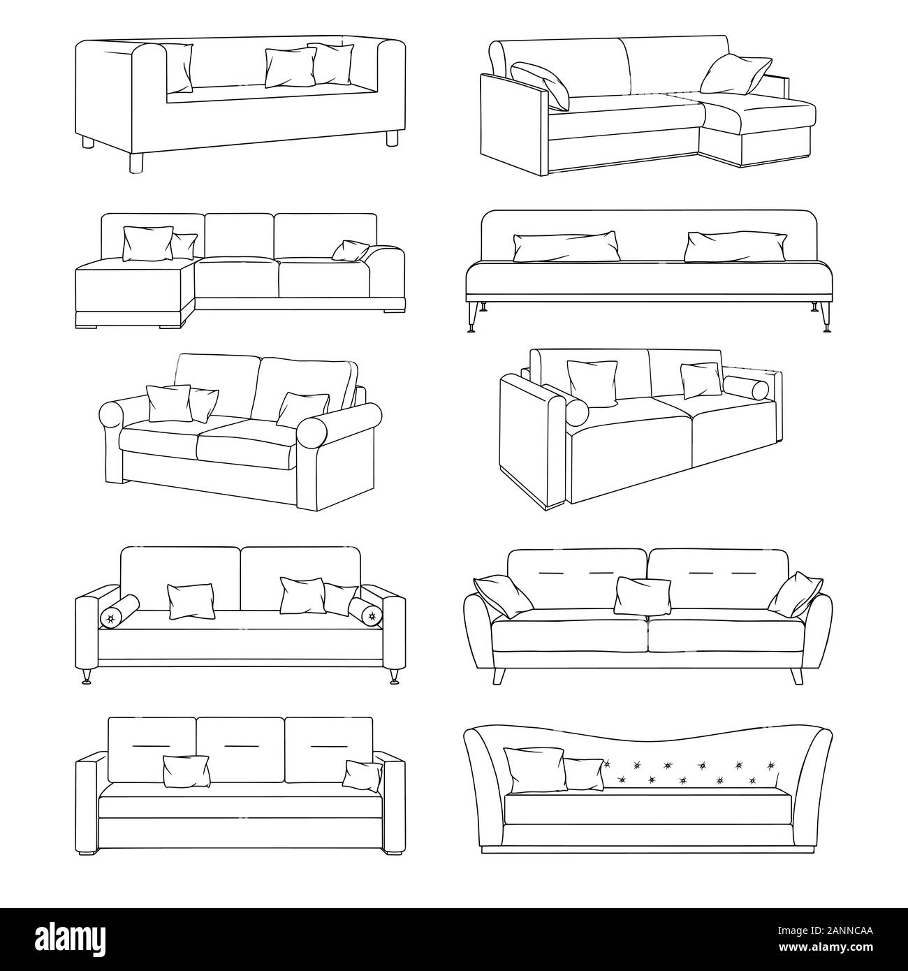 Sketch of sofas isolated on white background. Vector illustration Stock Vector