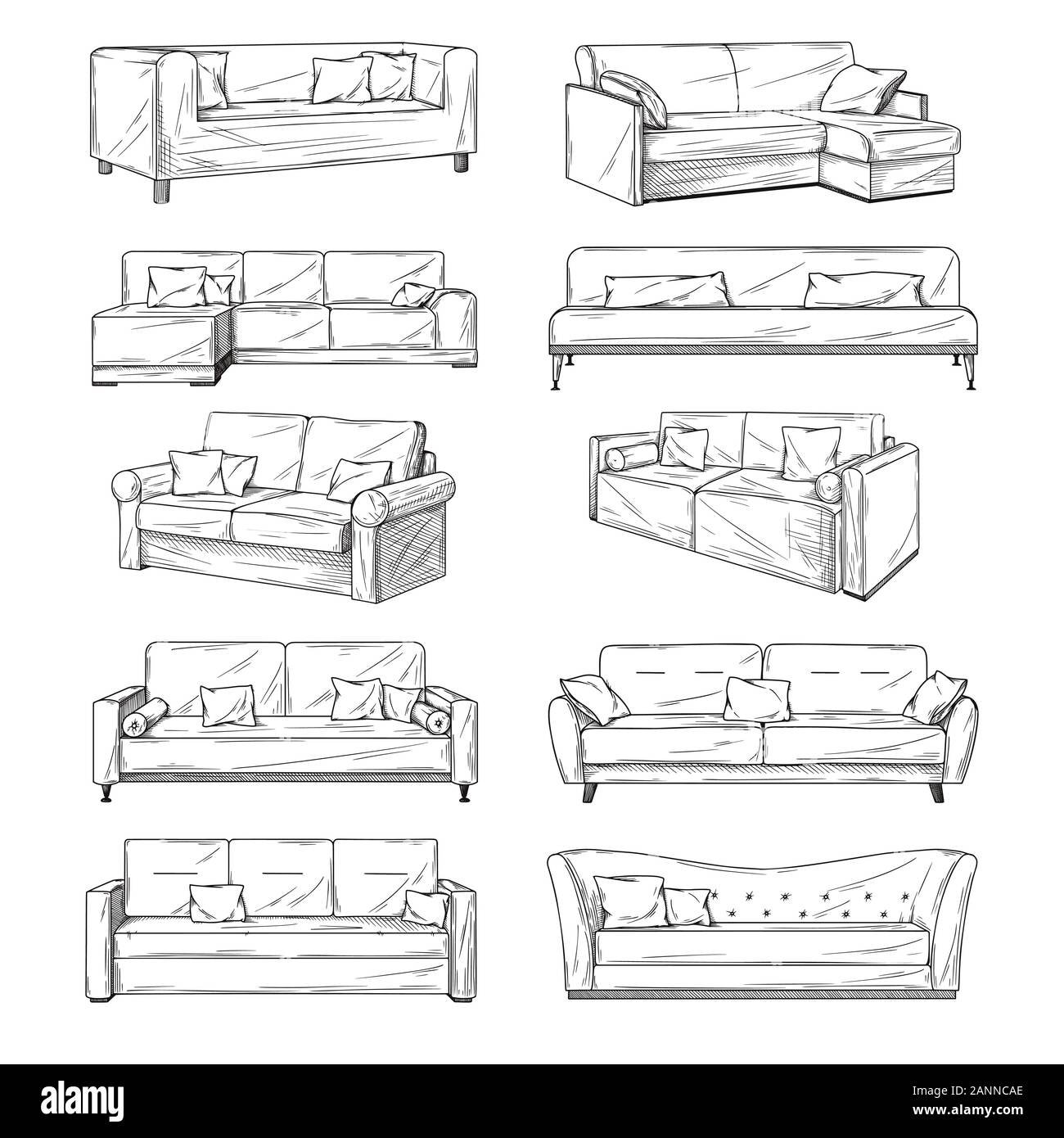 Sketch of sofas isolated on white background. Vector illustration Stock Vector