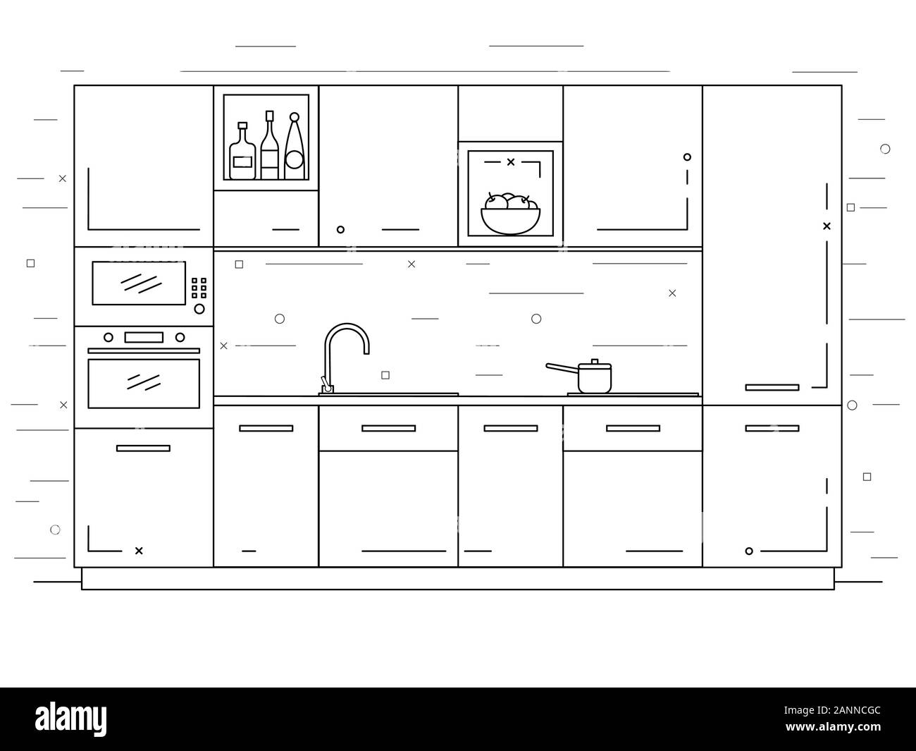 Modern kitchen. Kitchen furniture with sink, hob and extractor. Vector
