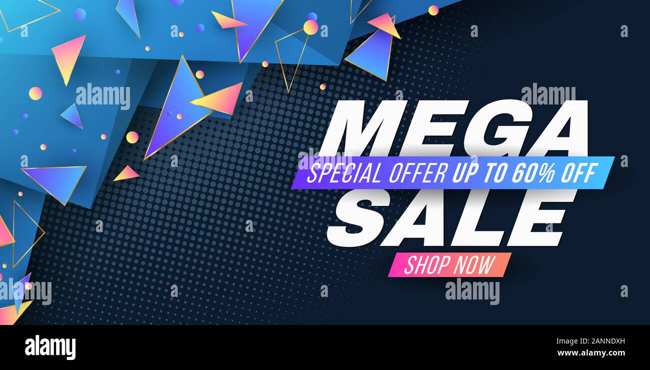 Web banner for Mega Sale. Template for your business project. Geometric design from random polygonal shapes in 3D style. Vector illustration. EPS 10 Stock Vector