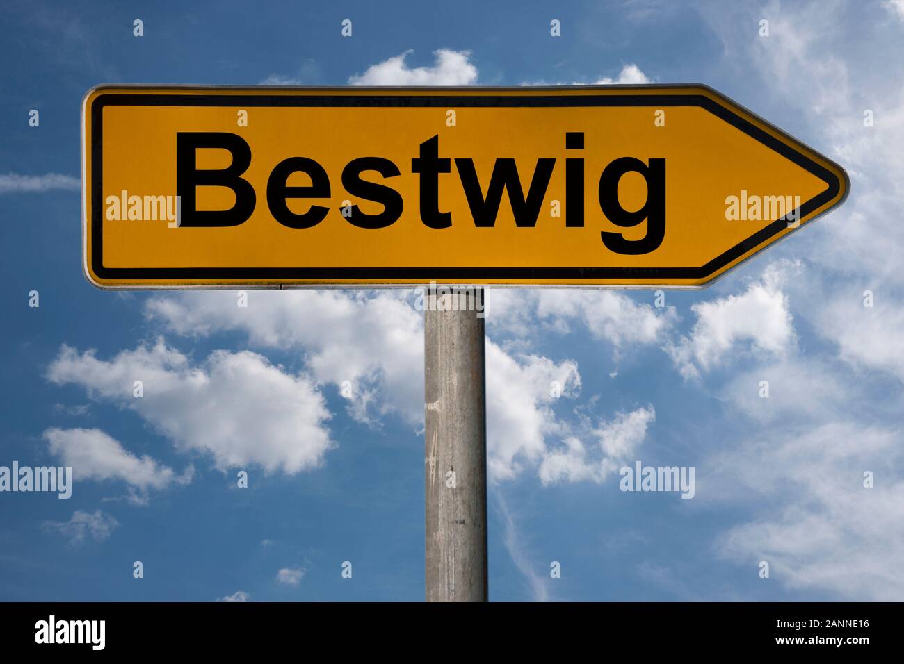 Detail photo of a signpost with the inscription Bestwig, North Rhine-Westphalia, Germany, Europe Stock Photo