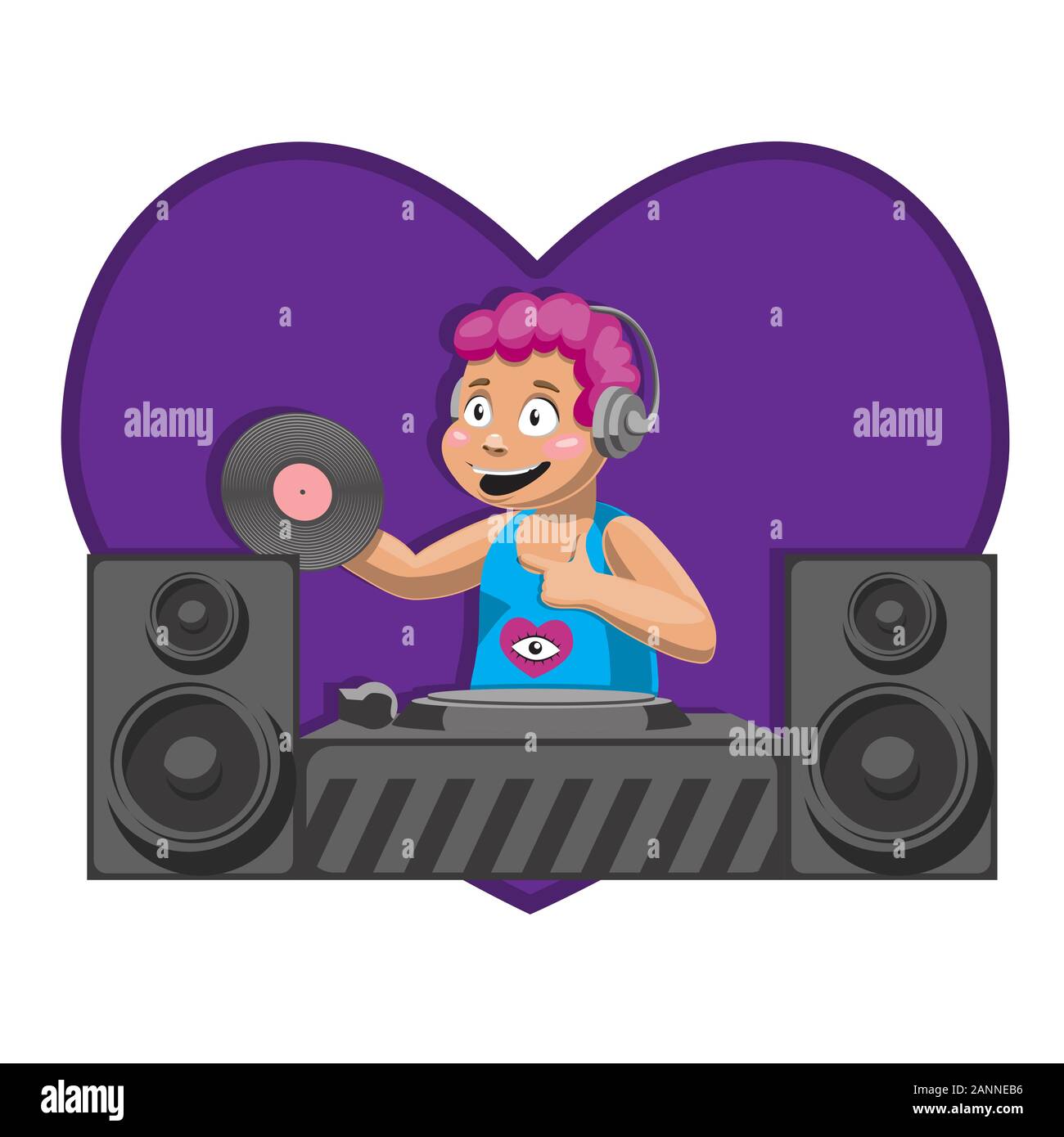 DJ with album DJ Desk mixing the music of the dynamics of the heart. Vector image. Cartoon. Stock Vector