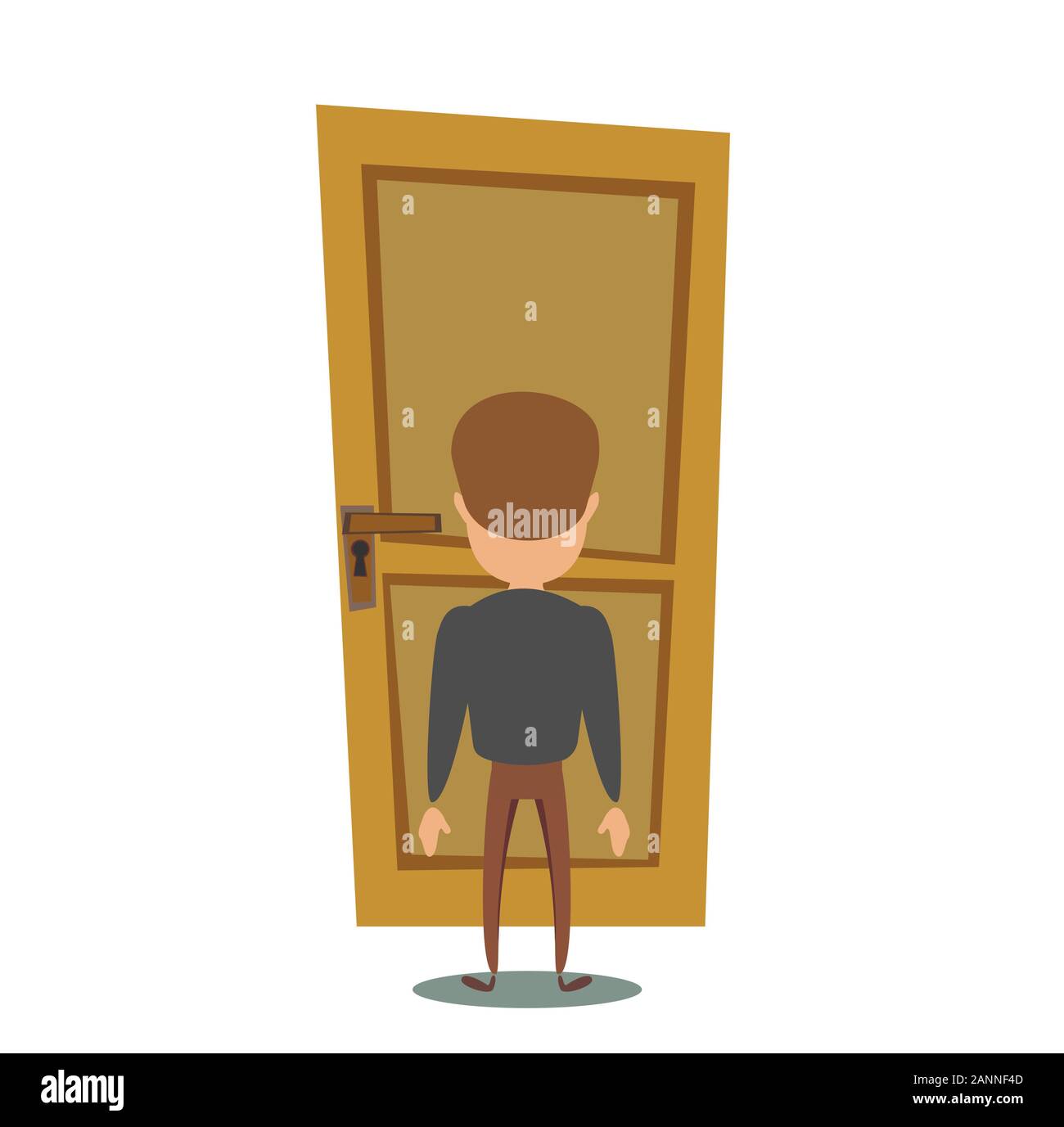 Young character in front of a door knob. Entering the building. Stock Vector