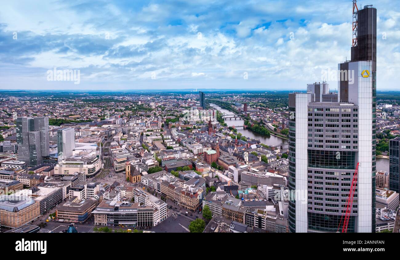 Frankfurt, Germany, 05/02/2018: Aerial view of the Tower of Commerzbank in Frankfurt am Main with city background Stock Photo