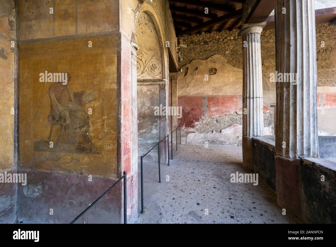 Pompei. Italy. Archaeological site of Pompeii. House of Menander (Casa del Menandro). Frescoed walls at the rear of the peristyle, the fresco on the l Stock Photo