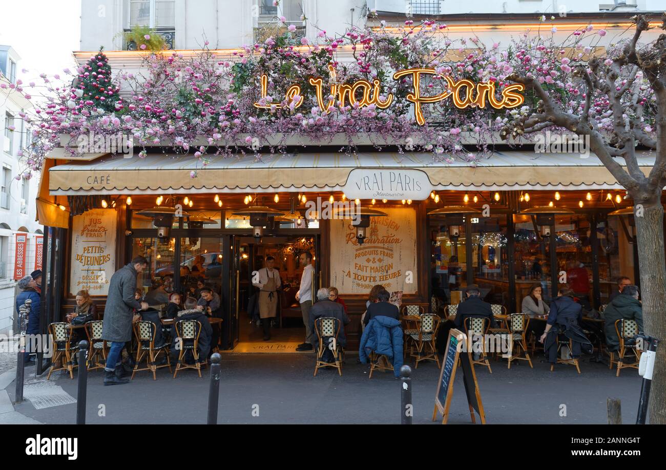 The famous Cafe Le Vrai Paris . It is located in the Montmartre, Paris, France. Stock Photo