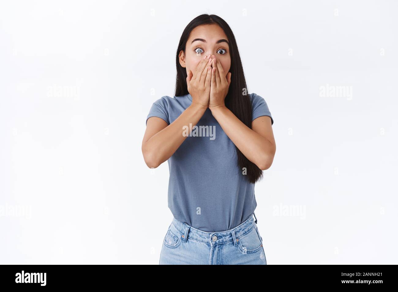 Shocked And Speechless Emotional Asian Woman Witness Something Terrible Popping Eyes Gasping Hold Hands On Mouth Not Scream In Panic Standing Whit Stock Photo Alamy