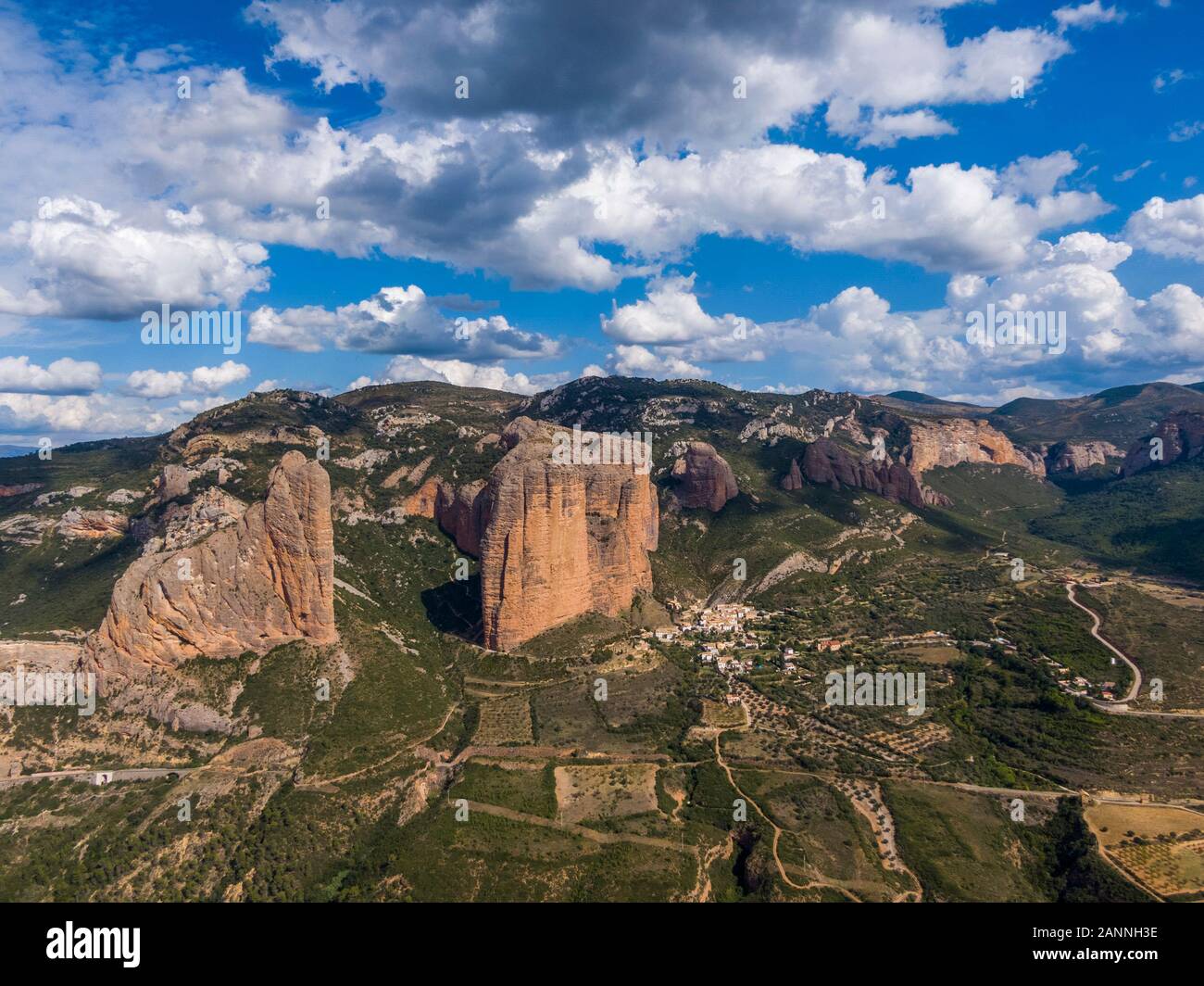Aerial view of the Mallos de Riglos, a set of conglomerate rock formations in Spain Stock Photo