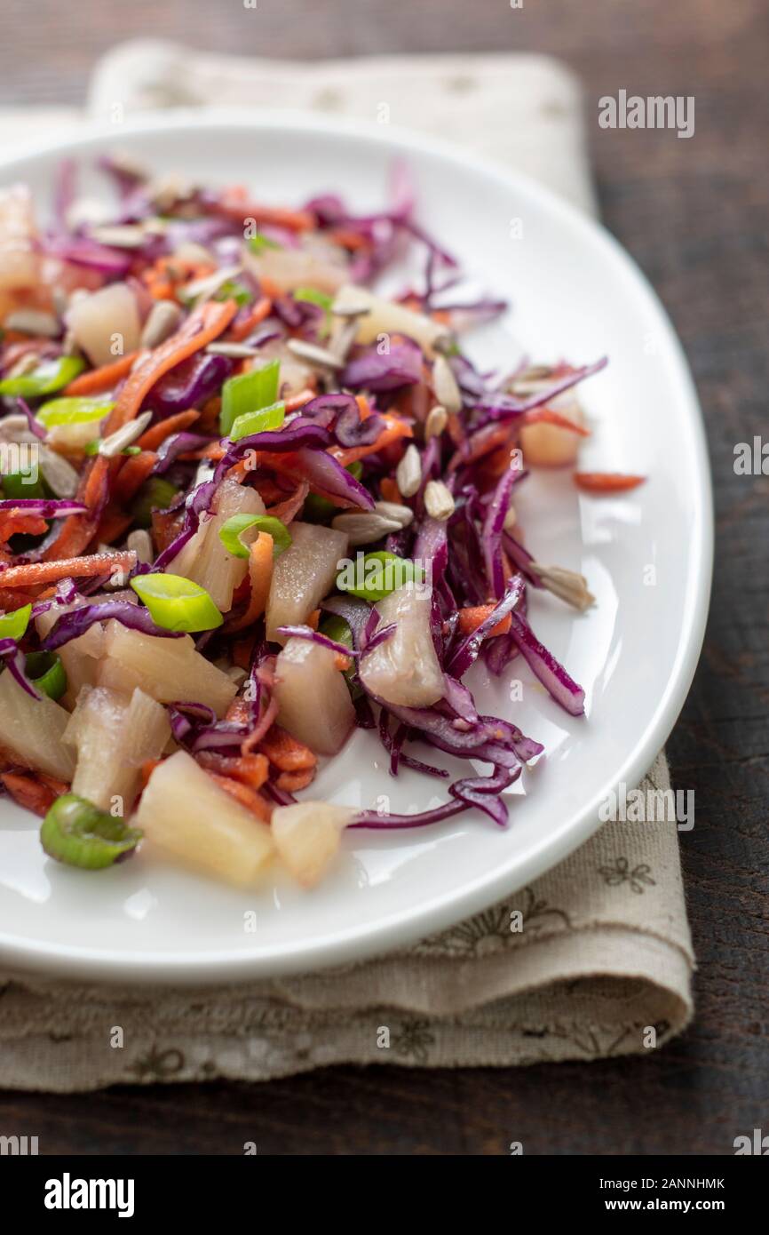 Winter Red Cabbage, Carrot and Pineapple Slaw Stock Photo