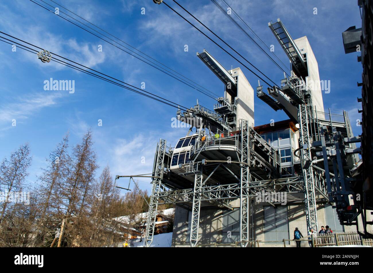 The cable car station of the Vanoise Express on the Peisey Vallandry / Les Arcs side of the crossing. Stock Photo