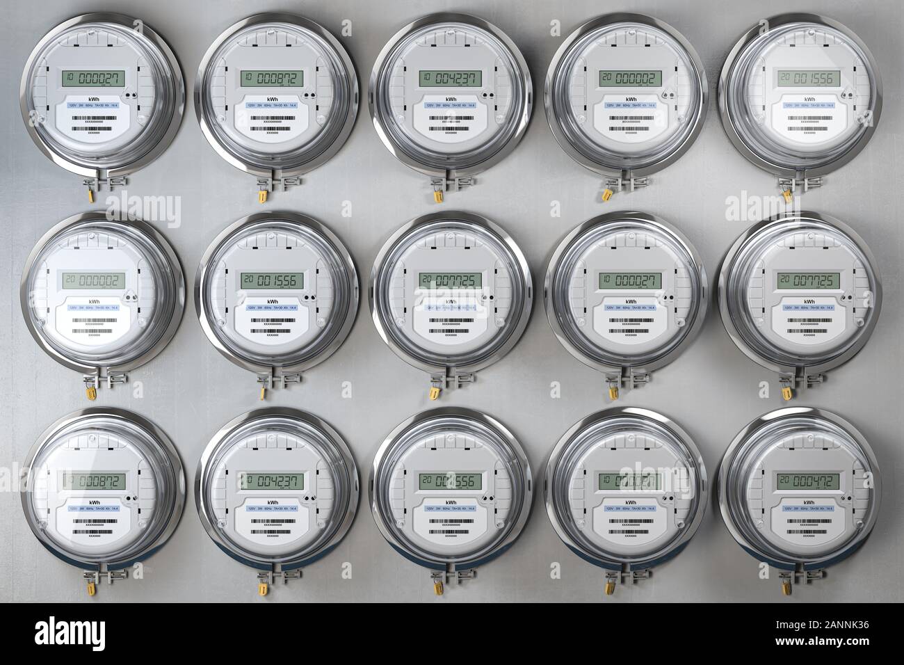 Digital electric meters in a row measuring power use. Electricity