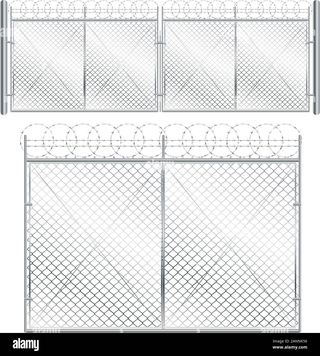 Fence and gate made of metal wire mesh on white background Stock Vector