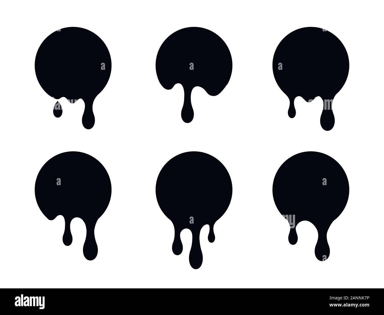 Paint dripping. Drops flowing. Current ink or liquid. Black stickers or circle labels. Stock Vector