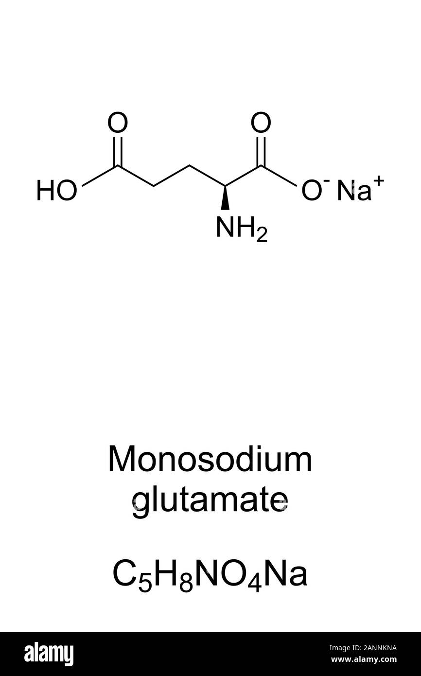 Monosodium glutamate molecule skeletal formula. 2D structure of C5H8NO4Na, sodium glutamate, used as flavor enhancer which intensifies the taste. Stock Photo