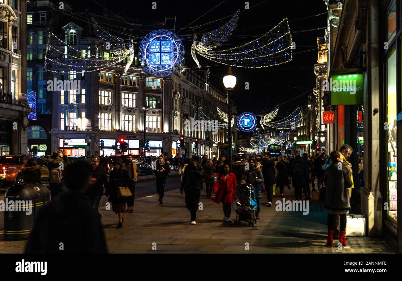 Luminous Christmas street decoration on Regent Street, Central London, England, UK. Stock Photo