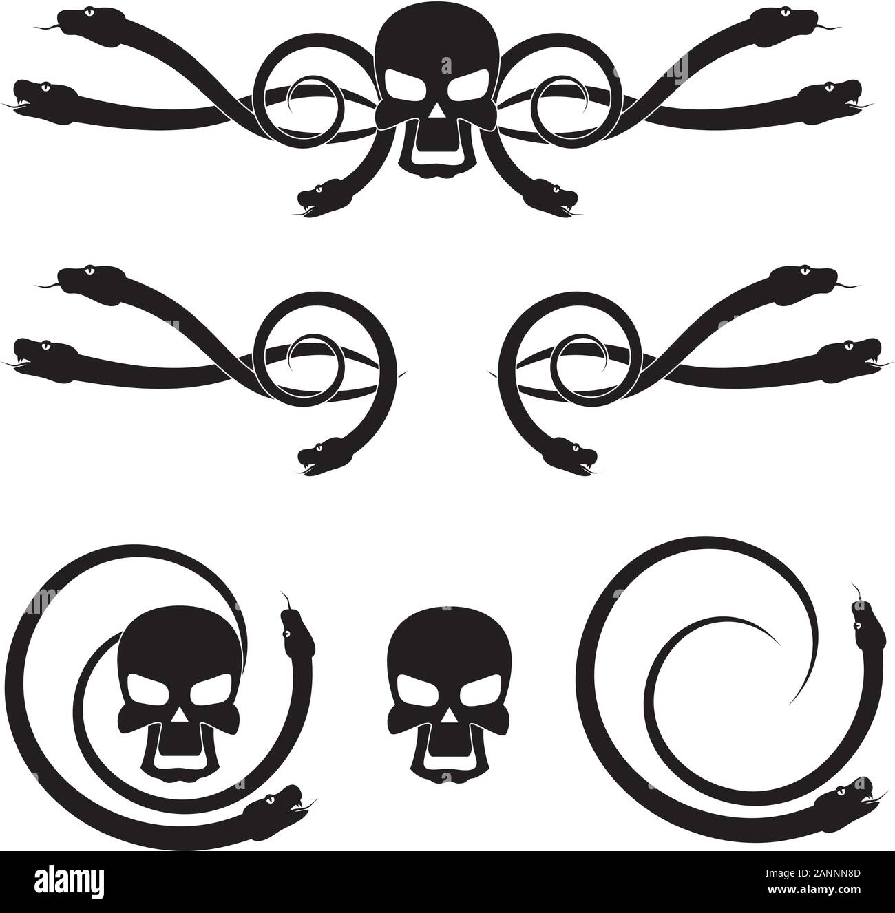 Abstract cartoon skull with snakes in black and white. Stock Vector