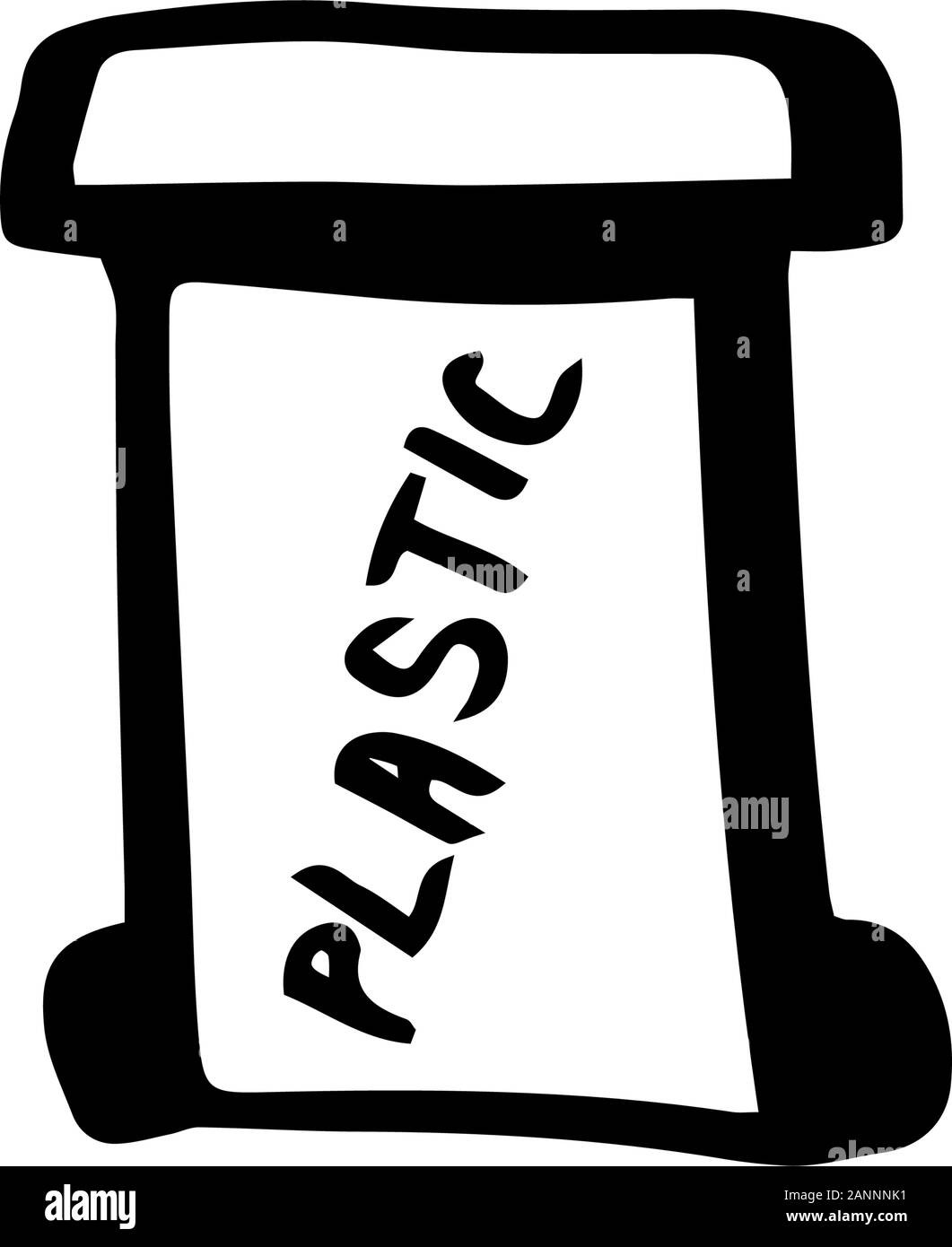 Garbage bin for plastic. Separation of garbage into Zero waste. Eco. Recycling concept. Lettering text plastic. Hand drawn vector outline illustration Stock Vector